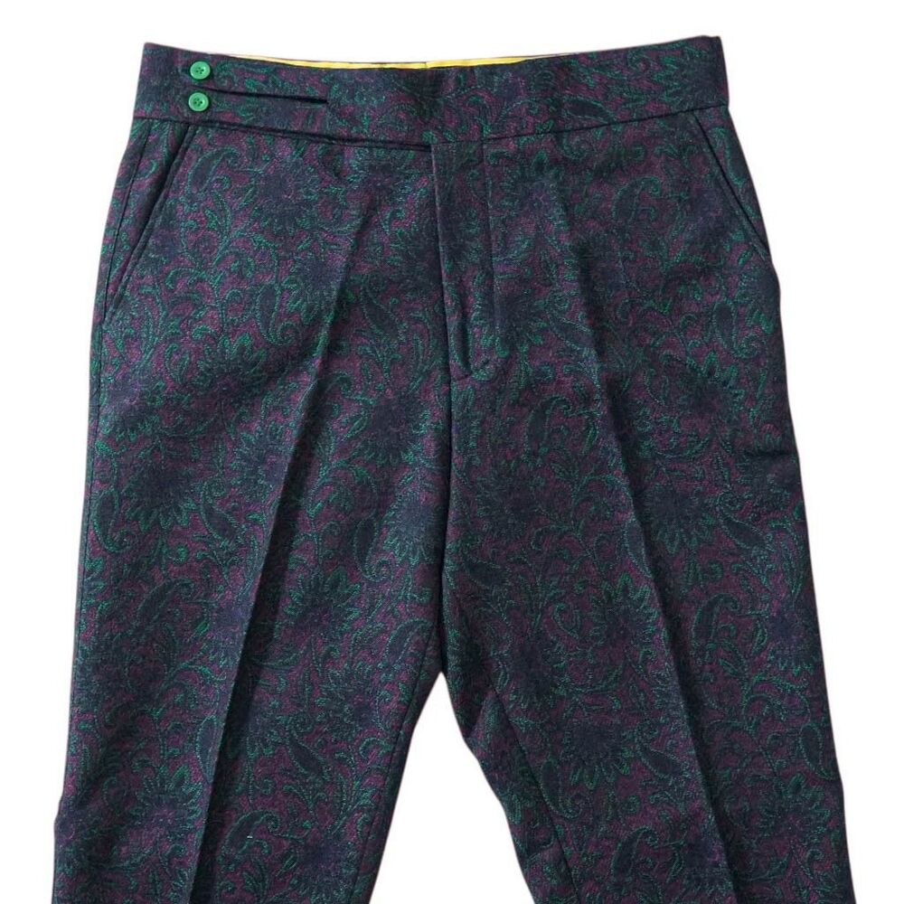 Mens 36 Gurkha Pants Purple Green Paisley 100% Wool Flat Front Straight Trousers - Picture 5 of 8